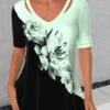 Light Green V Neck Floral Print T Shirt -Rosewe Promotion Store 325757 P 1675745828083