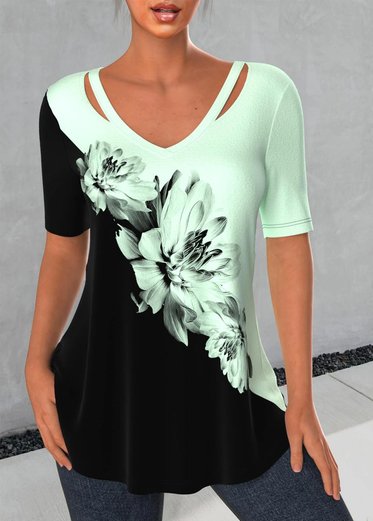 Light Green V Neck Floral Print T Shirt 3 Light Green V Neck Floral Print T Shirt