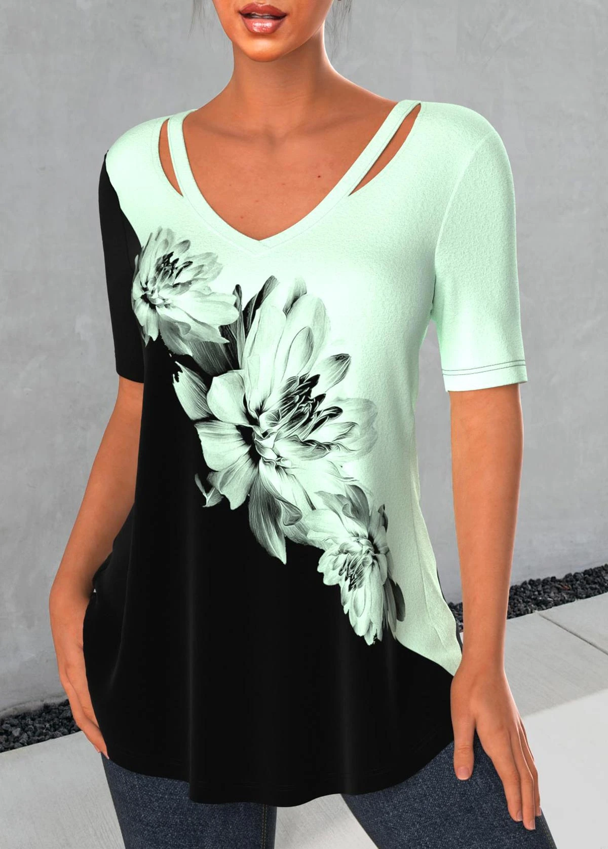 Light Green V Neck Floral Print T Shirt 5 Light Green V Neck Floral Print T Shirt - Image 3
