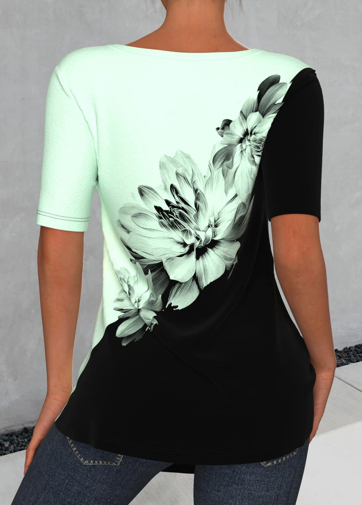 Light Green V Neck Floral Print T Shirt 4 Light Green V Neck Floral Print T Shirt - Image 2