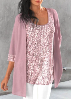 Light Pink Scoop Neck Sequin Tank Top And Cardigan -Rosewe Promotion Store 325807 P 1676535864983