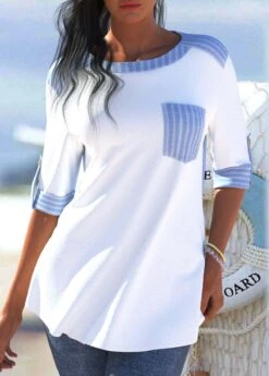 Plus Size Light Blue Pocket Striped Blouse