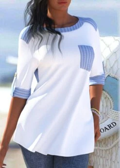 Plus Size Light Blue Pocket Striped Blouse -Rosewe Promotion Store 325908 P 1675852599285