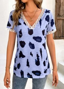 Leopard Patchwork Dusty Blue V Neck T Shirt -Rosewe Promotion Store 326089 P 16775791421893