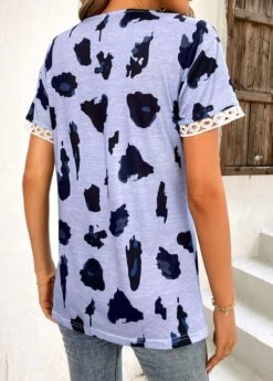 Leopard Patchwork Dusty Blue V Neck T Shirt -Rosewe Promotion Store 326089 P 16775791424861