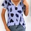 Leopard Patchwork Dusty Blue V Neck T Shirt -Rosewe Promotion Store 326089 P 16775791429074