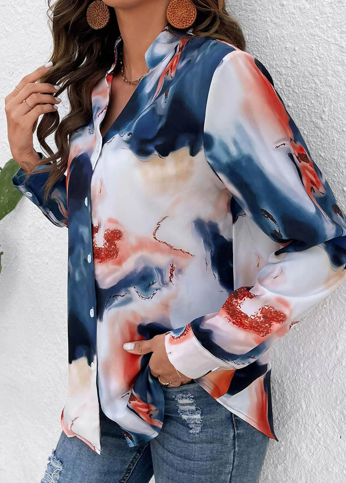 Ink Painting Print Button Multi Color Blouse 5 Ink Painting Print Button Multi Color Blouse - Image 3