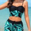 Mint Green High Waisted Leaf Print Drawstring Bikini Set