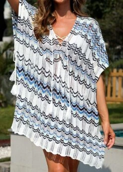 Wave Pattern Print Blue Drawstring Cover Up -Rosewe Promotion Store 326123 P 16775483568074