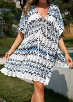 Wave Pattern Print Blue Drawstring Cover Up -Rosewe Promotion Store 326123 P 16775483568235