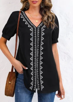 Tribal Print Embroidery Black V Neck Blouse