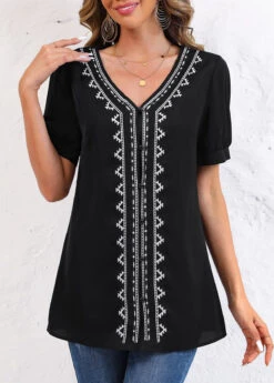 Tribal Print Embroidery Black V Neck Blouse -Rosewe Promotion Store 326145 P 1675912697137