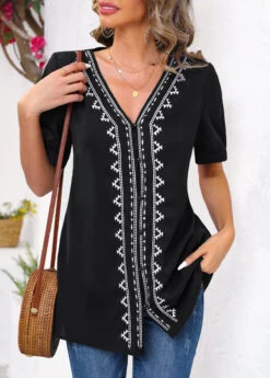 Tribal Print Embroidery Black V Neck Blouse -Rosewe Promotion Store 326145 P 1675912697199