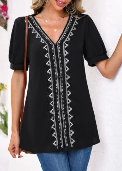 Tribal Print Embroidery Black V Neck Blouse -Rosewe Promotion Store 326145 P 1675912697372