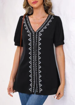 Tribal Print Embroidery Black V Neck Blouse -Rosewe Promotion Store 326145 P 1675912697647