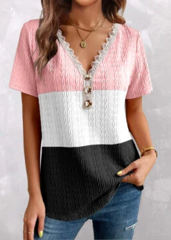 Plus Size Pink Patchwork Short Sleeve T Shirt -Rosewe Promotion Store 326170 P 1675945810098
