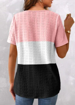 Plus Size Pink Patchwork Short Sleeve T Shirt -Rosewe Promotion Store 326170 P 1675945810207