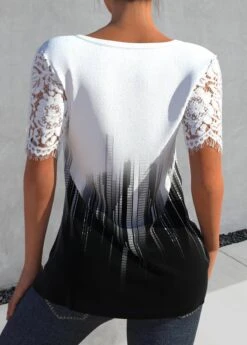 Ombre Patchwork White V Neck T Shirt -Rosewe Promotion Store 326200 P 1675919395688