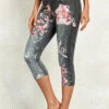 Floral Print Black Elastic Waist Mid Waisted Leggings -Rosewe Promotion Store 326234 P 16967530161650