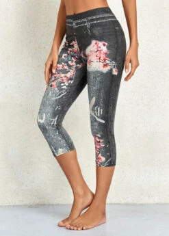 Floral Print Black Elastic Waist Mid Waisted Leggings