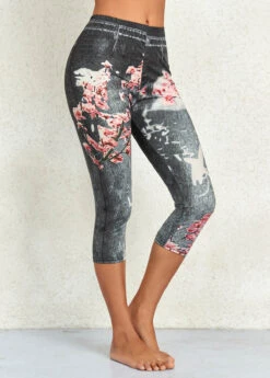 Floral Print Black Elastic Waist Mid Waisted Leggings -Rosewe Promotion Store 326234 P 16967530164522