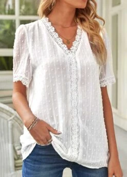 White V Neck Short Sleeve Lace Blouse 7 White V Neck Short Sleeve Lace Blouse -Rosewe Promotion Store 326313 P 1677828254332
