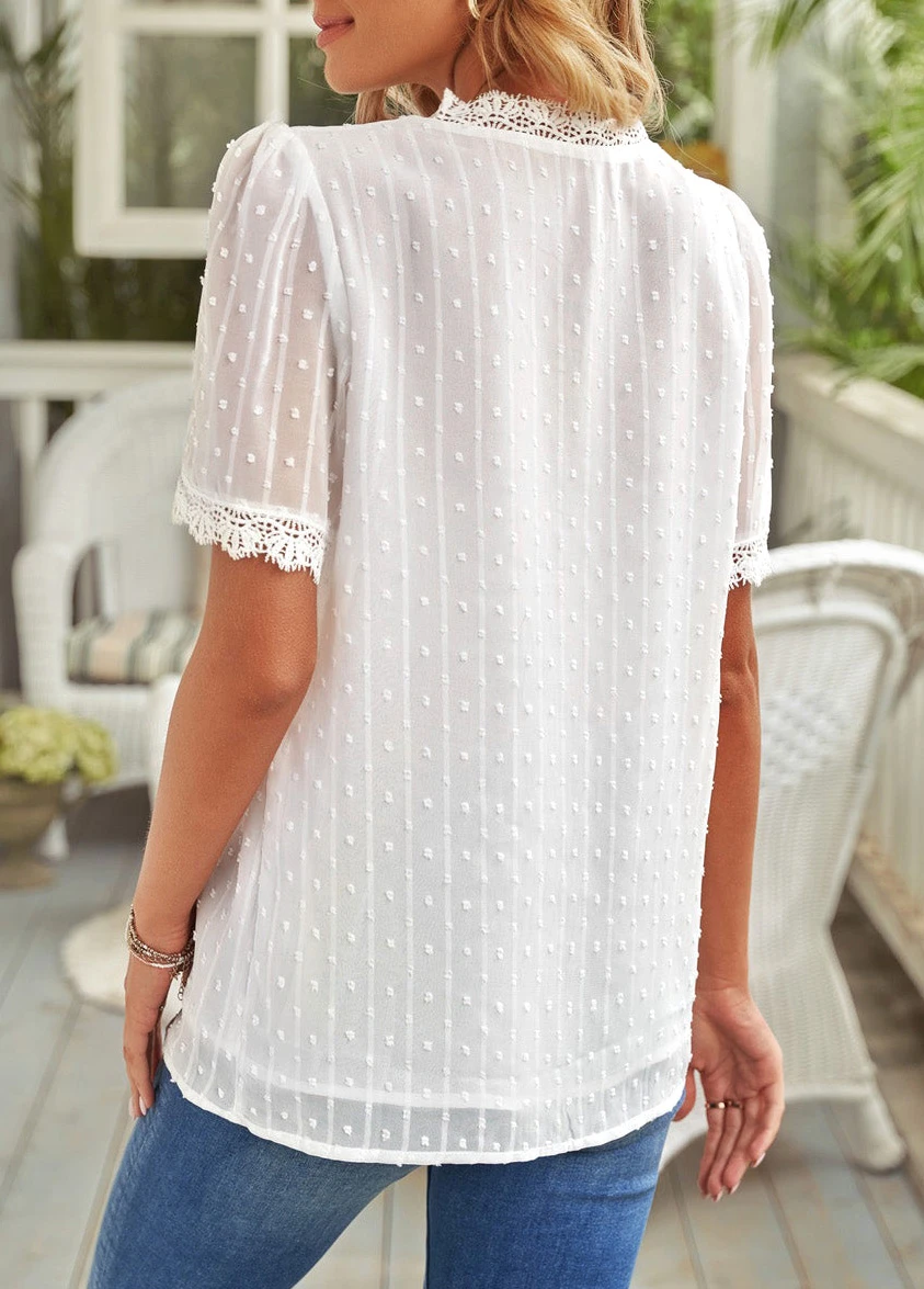 White V Neck Short Sleeve Lace Blouse 4 White V Neck Short Sleeve Lace Blouse - Image 2