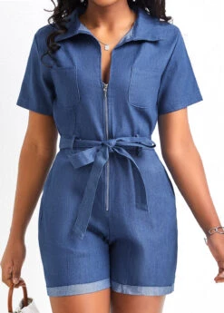 Pocket Belted Denim Blue Short Romper -Rosewe Promotion Store 326341 P 16776669681813