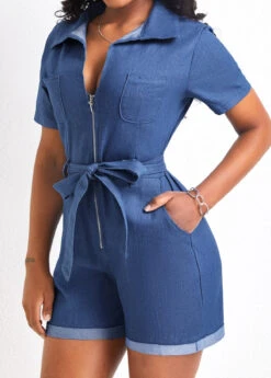 Pocket Belted Denim Blue Short Romper