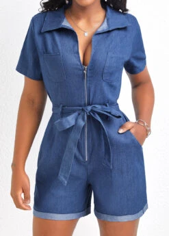 Pocket Belted Denim Blue Short Romper -Rosewe Promotion Store 326341 P 16776669685970