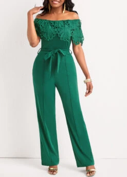 Patchwork Belted Green Ankle Length Off Shoulder Jumpsuit -Rosewe Promotion Store 326342 P 16770619301412