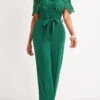 Patchwork Belted Green Ankle Length Off Shoulder Jumpsuit -Rosewe Promotion Store 326342 P 16770619308440