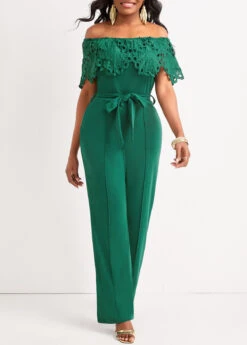 Patchwork Belted Green Ankle Length Off Shoulder Jumpsuit