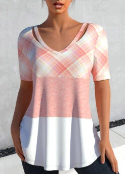 Plaid Cut Out Light Pink T Shirt 11 Plaid Cut Out Light Pink T Shirt -Rosewe Promotion Store 326389 P 1676614078426