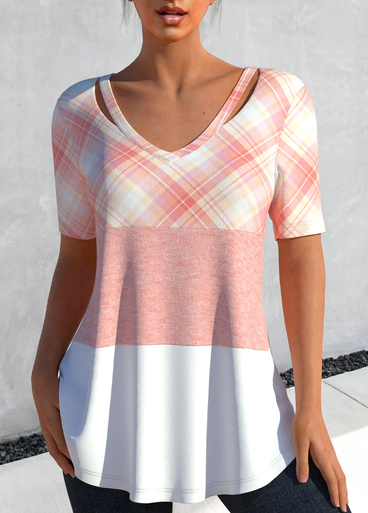 Plaid Cut Out Light Pink T Shirt 6 Plaid Cut Out Light Pink T Shirt - Image 4