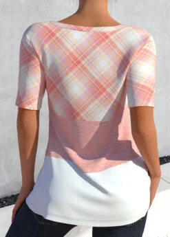 Plaid Cut Out Light Pink T Shirt 12 Plaid Cut Out Light Pink T Shirt -Rosewe Promotion Store 326389 P 1676614078660
