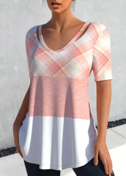 Plaid Cut Out Light Pink T Shirt 13 Plaid Cut Out Light Pink T Shirt -Rosewe Promotion Store 326389 P 1676614079680