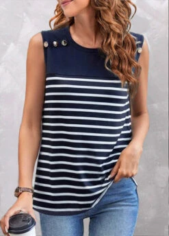 Striped Button Navy Round Neck Tank Top