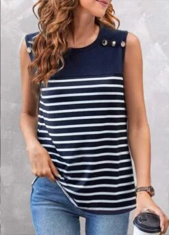 Striped Button Navy Round Neck Tank Top -Rosewe Promotion Store 326397 P 1676283831249
