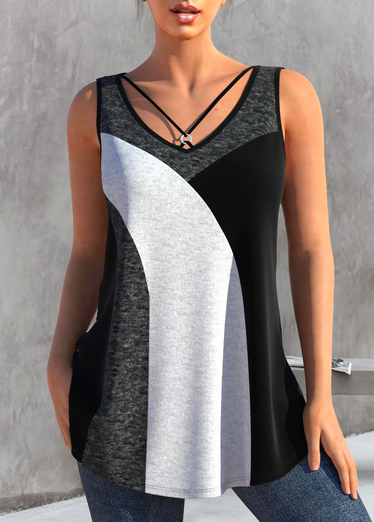 Metal Ring Contrast Dark Grey Marl Tank Top 3 Metal Ring Contrast Dark Grey Marl Tank Top