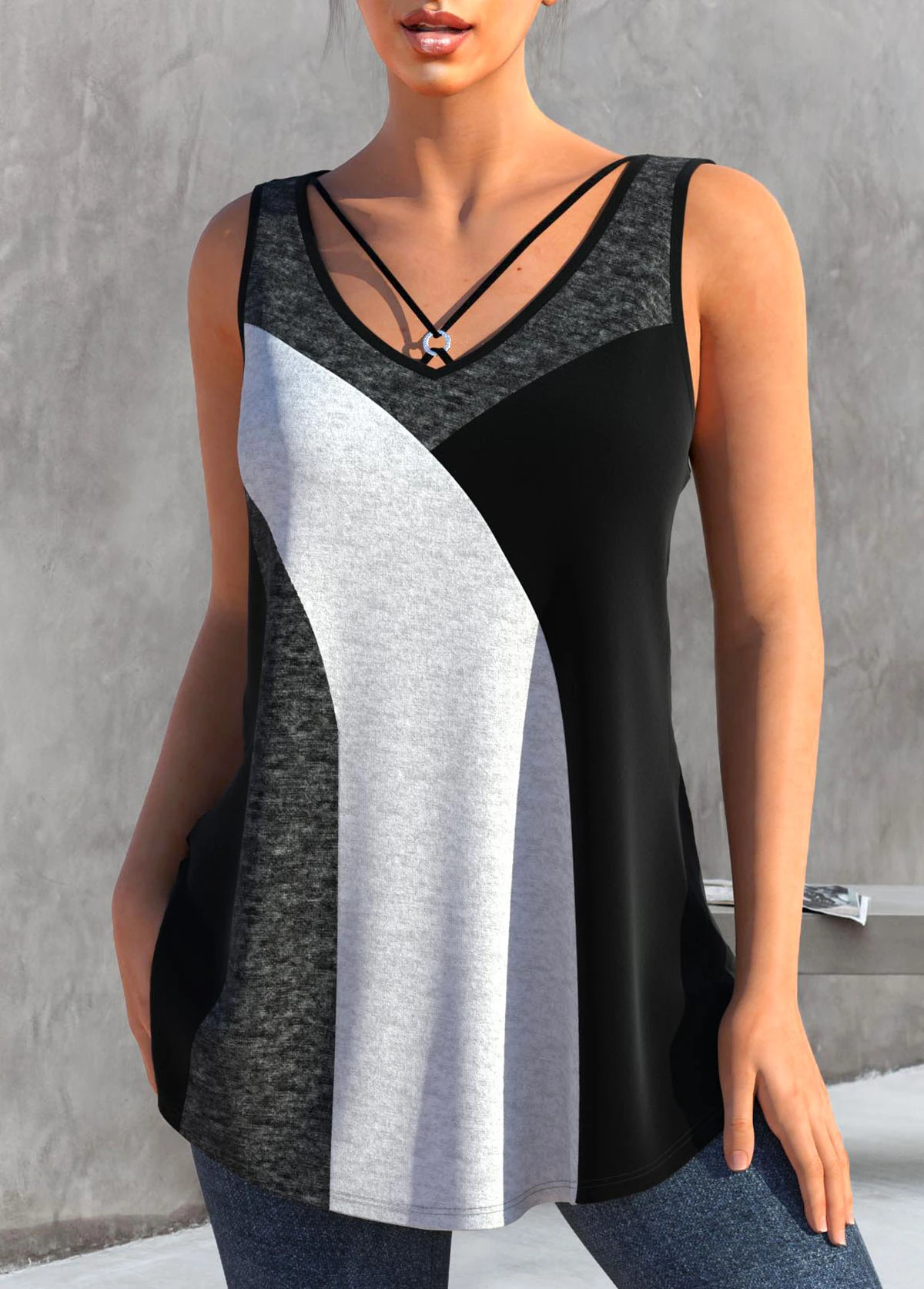 Metal Ring Contrast Dark Grey Marl Tank Top 5 Metal Ring Contrast Dark Grey Marl Tank Top - Image 3