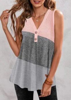 Grey V Neck Button Tank Top