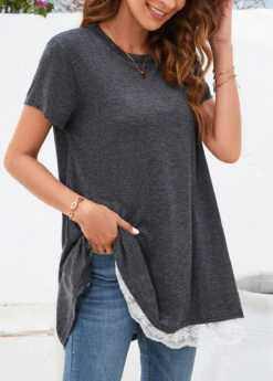 Round Neck Lace Dark Grey T Shirt -Rosewe Promotion Store 326577 P 16784265392094