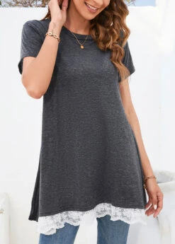 Round Neck Lace Dark Grey T Shirt -Rosewe Promotion Store 326577 P 16784265397533