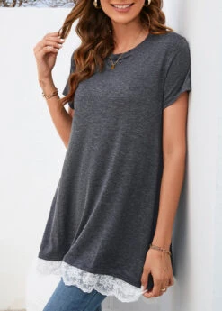 Round Neck Lace Dark Grey T Shirt -Rosewe Promotion Store 326577 P 16784265399432