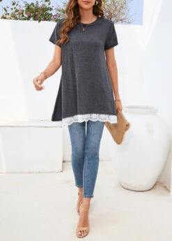 Round Neck Lace Dark Grey T Shirt -Rosewe Promotion Store 326577 P 16784265399625