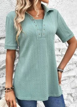 Plus Size Mint Green Eyelet Short Sleeve Blouse -Rosewe Promotion Store 326593 P 16798805419493