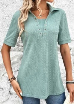 Plus Size Mint Green Eyelet Short Sleeve Blouse -Rosewe Promotion Store 326593 P 16798805422064