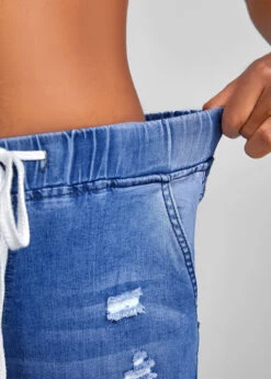 Hole Blue Skinny Elastic Waist Denim Shorts 9 Hole Blue Skinny Elastic Waist Denim Shorts -Rosewe Promotion Store 326612 P 16774946394263