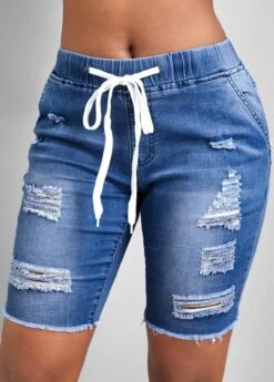 Hole Blue Skinny Elastic Waist Denim Shorts 8 Hole Blue Skinny Elastic Waist Denim Shorts -Rosewe Promotion Store 326612 P 16774946396330